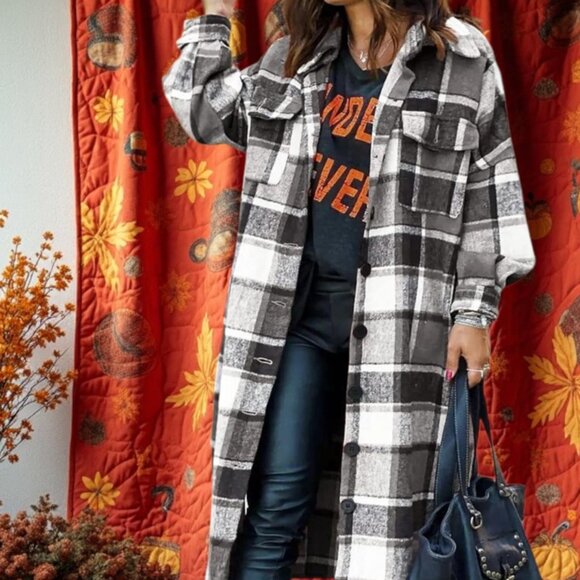 New Fall Oversized Plaid Flannel Lapel Button Down Trench Black White Plus Sizes - Picture 1 of 2